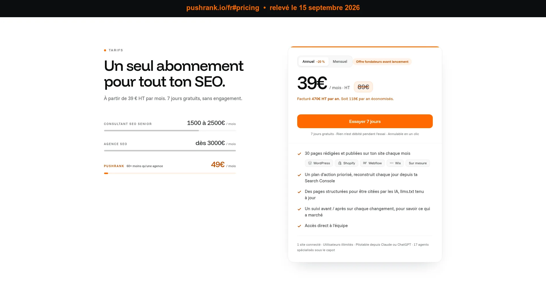 La nouvelle section tarifaire de PushRank et la liste de ce que l'abonnement contient